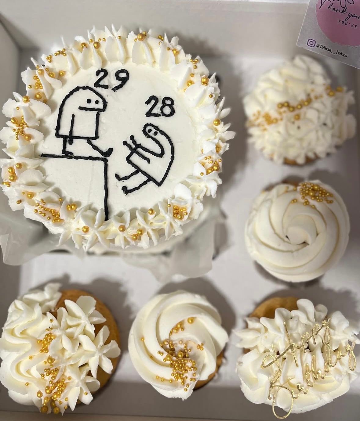 Custom 29th birthday bento cake with matching cupcakes and humorous stick figure design