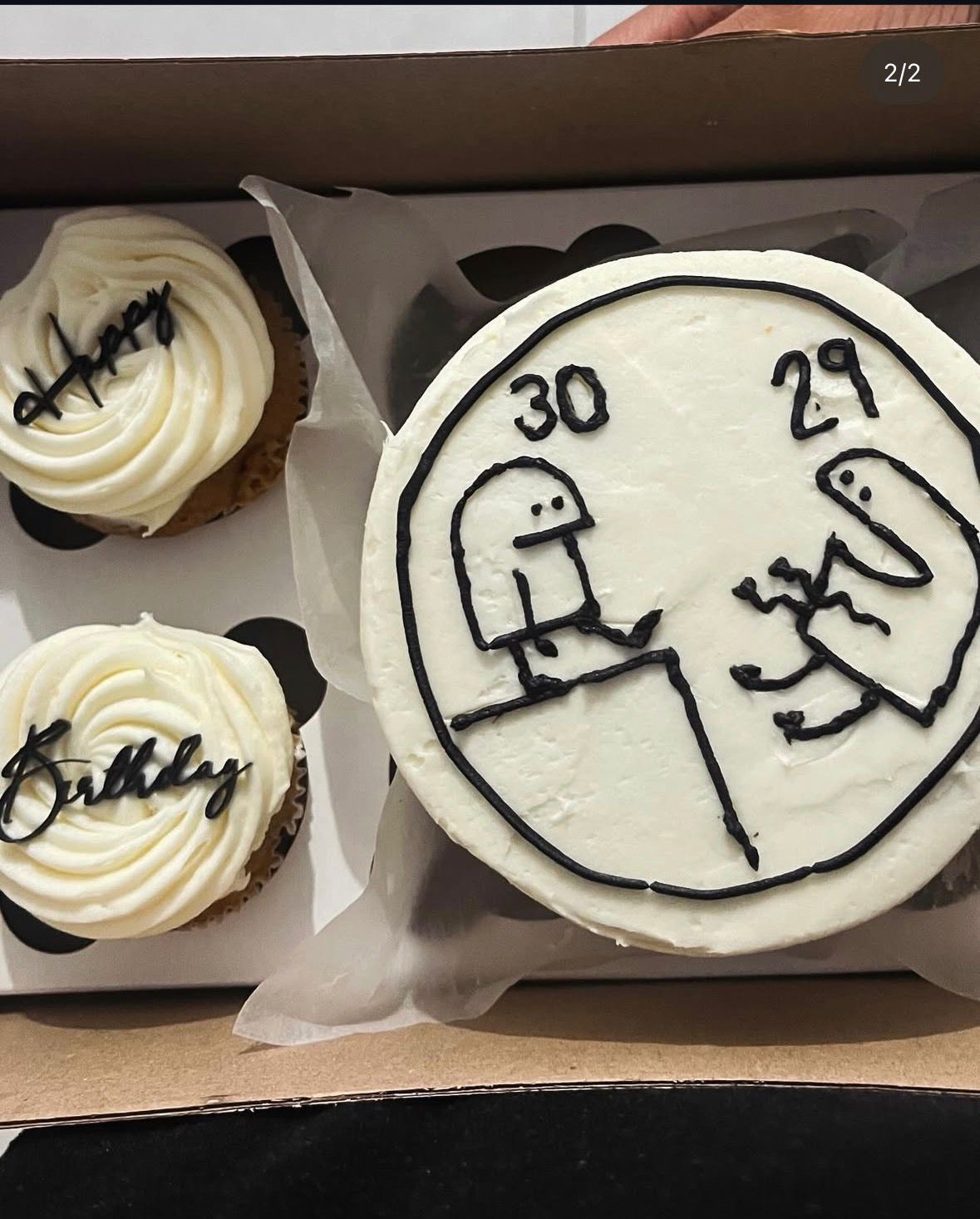 Funny 30th birthday bento cake with matching cupcakes and humorous design