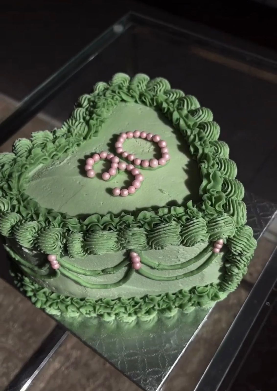 Heart-shaped green buttercream 30th birthday bento cake with vintage piping