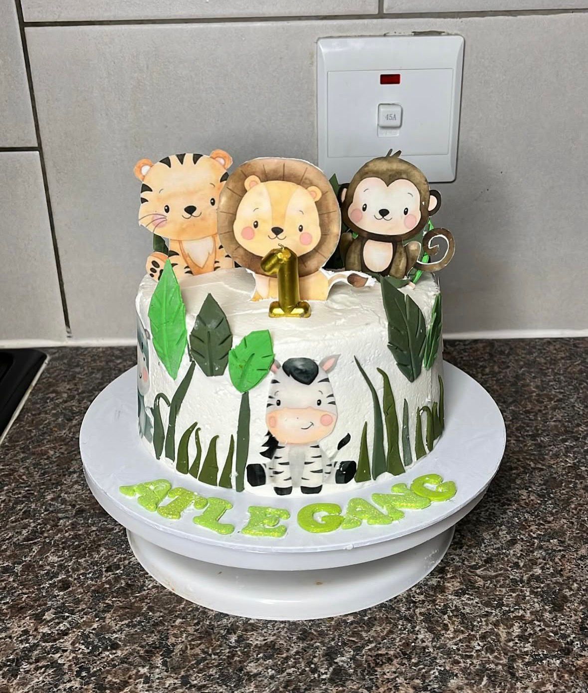 Safari themed first birthday cake with handmade animal decorations